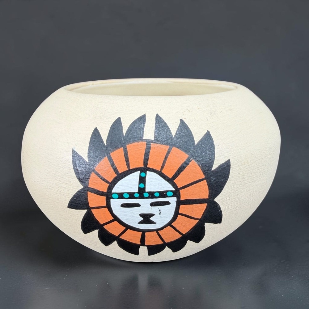 KOPA Southwest Sunface Kachina Hand Painted Ceramic Seed Pot Bowl Dish 4x3